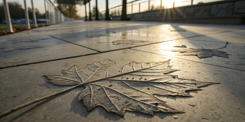 Poster - A single leaf lies on the pavement, its intricate veins and delicate structure imprinted against the smooth surface, bathed in the soft glow of the afternoon sun.