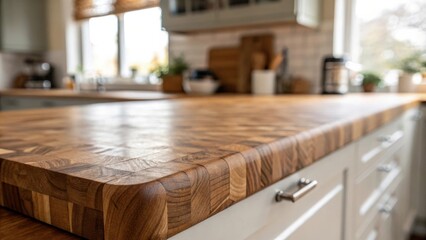 Aufkleber - Close up of a warm and inviting kitchen countertop, showcasing the intricate grain patterns of the wood