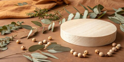 Poster - Natural Wooden Podium Surrounded by Eucalyptus Leaves and Wooden Beads on a Brown Background