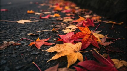Aufkleber - Fallen leaves with a red and yellow hue, scattered along a paved path, hinting at the transition to a colder season