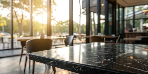 Poster - A sleek black marble table with a blurred background of a modern cafe with large windows and sun shining through