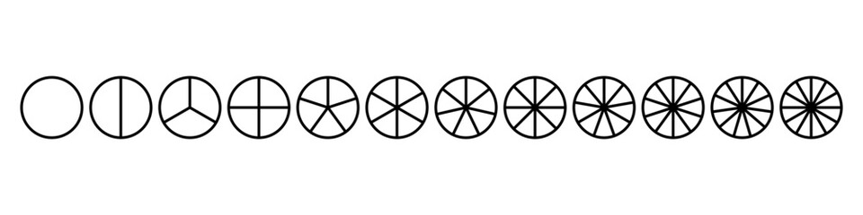 Fototapete - Circles divided diagram 3, 10, 7, graph icon pie shape section chart. Segment circle round vector 6, 9 devide infographic.	