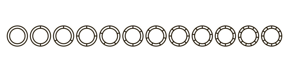 Fototapete - Circles divided diagram 3, 10, 7, graph icon pie shape section chart. Segment circle round vector 6, 9 devide infographic.	