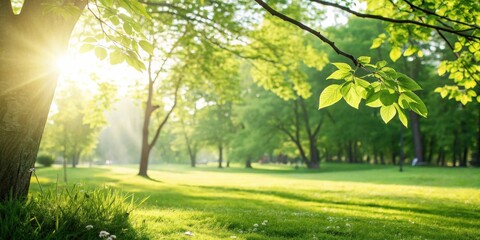 Poster - A sunbeam shines through lush green leaves, illuminating a verdant park with a soft, warm glow.
