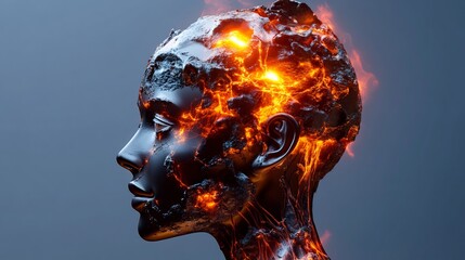 Wall Mural - Abstract head sculpture with fiery, molten texture, profile view.