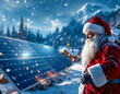 © elina - Santa Claus admires the sparkle of solar panels under a starlit sky during a snowy winter night in a peaceful village, showcasing a blend of holiday magic and sustainability