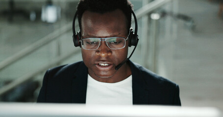 Poster - call center, communication and consulting with black man in support office for customer service. con