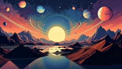 Poster - Alien planet landscape with mountains and moon over horizon in retro style