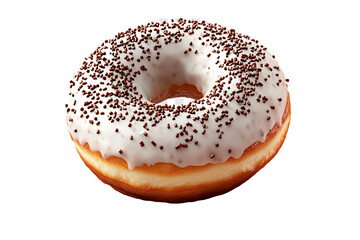 a donut with white frosting and sprinkles