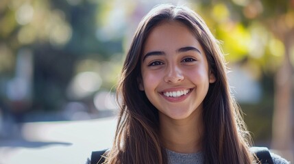 Aufkleber - A young individual beams with happiness, showcasing an infectious smile that radiates warmth. The background features a picturesque blur of greenery, highlighting a sunny day