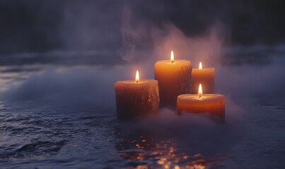 Wall Mural - Four lit candles, smoky surface, dark ambiance.