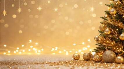 Poster - Festive Golden Christmas Tree with Twinkling Lights and Baubles on a Glittering Surface