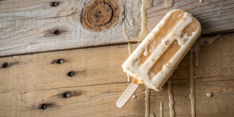 Poster - A melting popsicle on wooden surface with streaks of ice cream drips