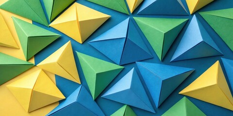 Aufkleber - A vibrant abstract design composed of origami triangles in shades of blue, green, and yellow, creating a geometric pattern with a playful yet sophisticated aesthetic.