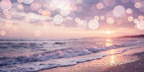 Aufkleber - Soft Focus Blurred Image of Ocean Waves Breaking on a Sandy Shore at Sunset with Abstract Bokeh Lights