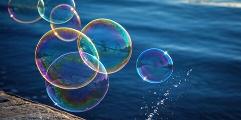 Poster - A cluster of iridescent soap bubbles floats above a deep blue rippling water surface, reflecting the vibrant colors of the sky.