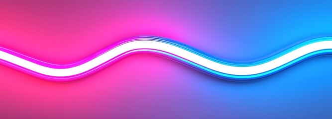 Poster - The abstract neon wave lines are on black background. A modern realistic illustration of pink and blue light curves glistening on dark stage with reflection on glossy floor. Disco club decoration