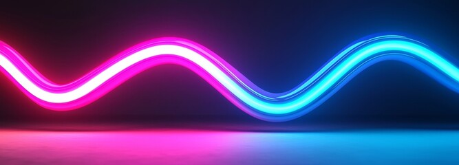 Poster - Modern realistic illustration of pink and blue light curves glowing on dark stage with reflection on glossy floor, led illumination, disco club decoration.