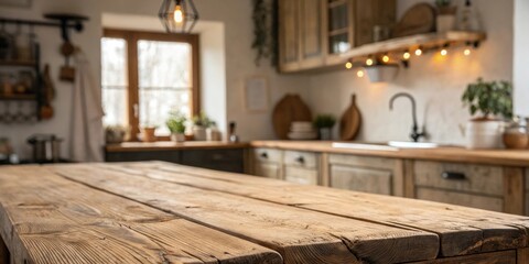 Fototapete - A rustic wooden table in the foreground with a blurred farmhouse kitchen background, showcasing a cozy and inviting atmosphere.
