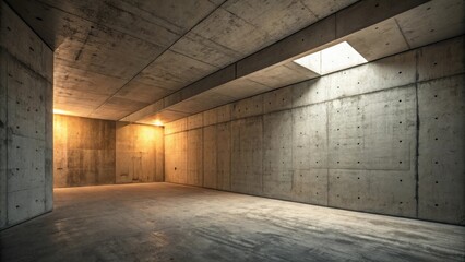Poster - The minimalist interior of a concrete room, illuminated by natural light pouring through a skylight, casting soft shadows across the rough surface