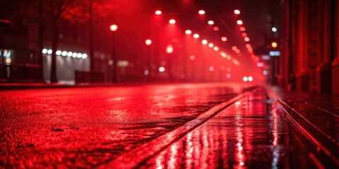 Aufkleber - A nighttime street illuminated by a row of red streetlights, reflecting on a wet pavement with a blurry background.