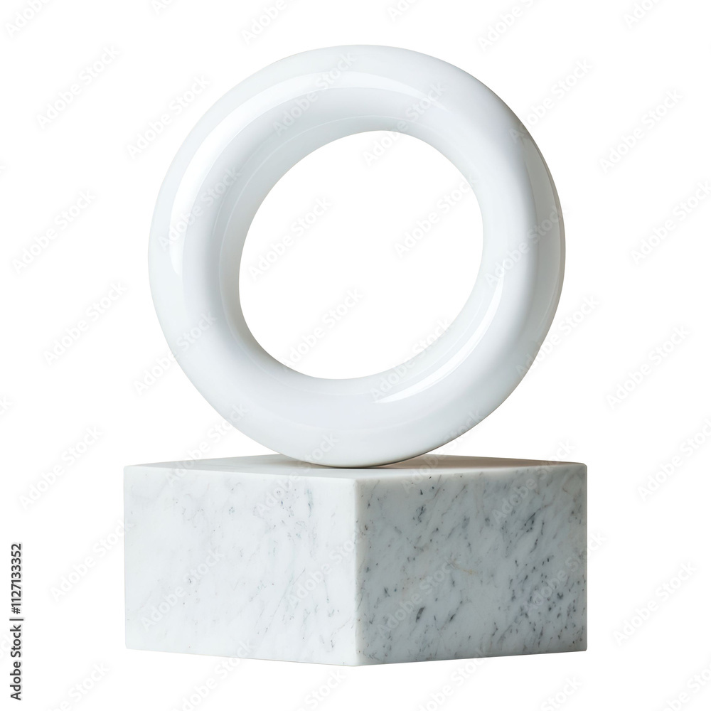 White Base Rounded Statue Base Sleek white circular sculpture placed on a polished marble base ...