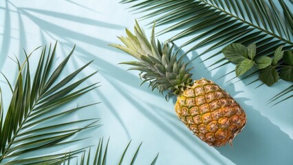 Sticker - A single ripe pineapple with green leaves sits on a blue background with shadows cast by palm fronds.