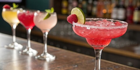 Poster - A refreshing frozen cocktail with a sugared rim, a lime wedge, and a raspberry garnish, standing proudly on a bar counter amongst other tempting beverages