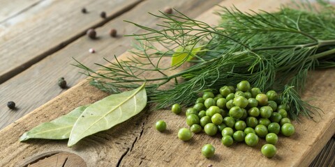 Aufkleber - A Scattering of Fresh Green Peas with Sprigs of Dill and Bay Leaves on a Rustic Wooden Board