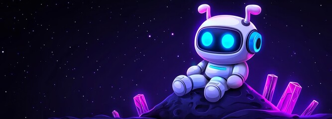 Wall Mural - Optical illusion of an alien planet with a robot astronaut. Cartoon outer space world with stone mountains, rock cliffs, pink glow crystals, and a celestial body on blue sky. Stock character.