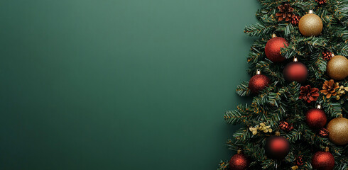 Poster - Festive holiday tree adorned with red and gold ornaments against a green backdrop