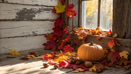 Poster - A rustic windowsill adorned with autumnal foliage, a plump pumpkin, and a scattering of acorns, bathed in the golden glow of the afternoon sun.