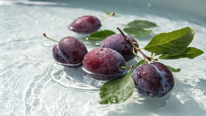 Aufkleber - Plums with Dew Drops Floating in Refreshing Water, a Still Life of Summer Fruit and Nature's Beauty