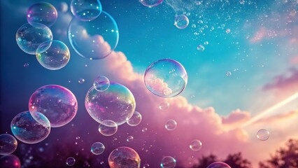 Poster - A whimsical display of iridescent soap bubbles floating against a backdrop of vibrant pink and blue clouds.