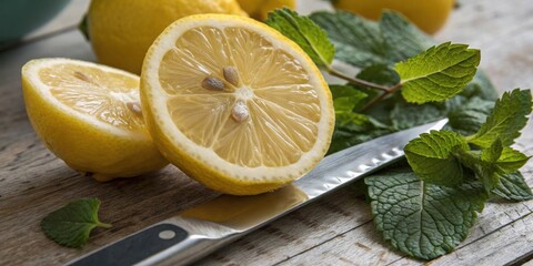 Poster - A close-up image showcasing the refreshing combination of sliced lemons and vibrant green mint leaves, laid out on a rustic wooden surface, with a silver knife resting nearby.
