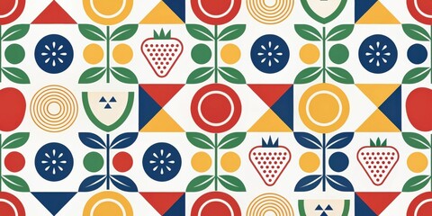 Poster - A geometric pattern featuring stylized floral motifs, fruit, and abstract shapes in a vibrant color palette of red, yellow, green, blue, and white.