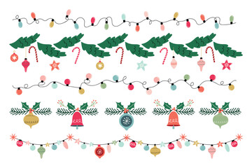 Wall Mural - christmas decorations with specific elements, pine tree garland, christmas lights, christmas balls, 