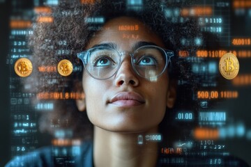 Poster - Abstract cryptocurrency-themed image of a thoughtful professional with Bitcoin and dollar signs in focus.