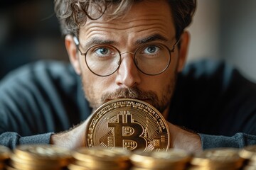 Poster - Abstract cryptocurrency-themed image of a thoughtful professional with Bitcoin and dollar signs in focus.