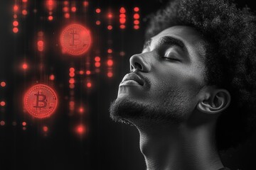 Poster - Abstract cryptocurrency-themed image with a contemplative man and floating Bitcoin icons in vibrant hues.