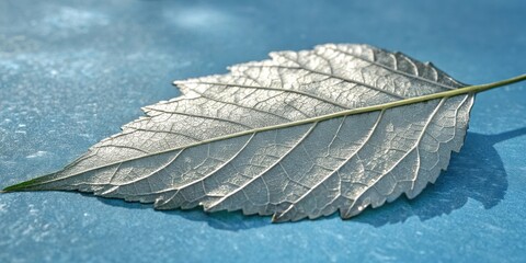Poster - A Delicate Leaf Against a Blue Surface, Showing Intricate Veins and a Light Green Edge
