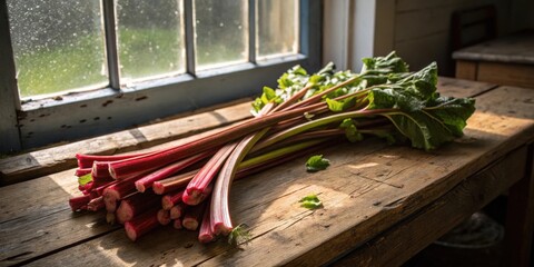 Poster - A bundle of fresh rhubarb stalks rests on a rustic wooden table in the warm sunlight streaming through a window.