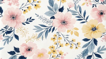 Poster - A delicate floral pattern featuring watercolor-painted flowers in shades of pink and yellow, adorned with delicate leaves in shades of blue