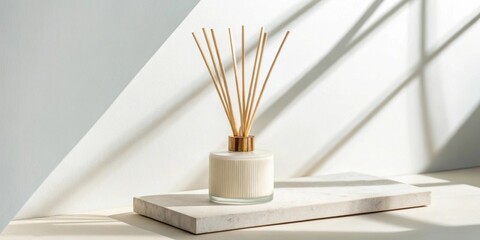 Aufkleber - Minimalist Home Decor with White Ceramic Diffuser and Wooden Sticks on Marble Surface in Sunlit Room