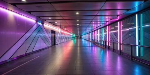 Fototapete - A futuristic passageway bathed in a vibrant, neon glow, featuring a sleek, geometric ceiling and reflective walls that create a sense of endless depth.