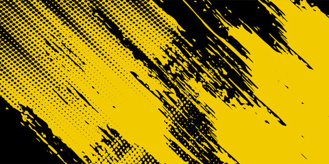 Wall Mural - Abstract Black and Yellow Dirty Grunge Background with Halftone Effect. Sports Background with Brush Stroke modern background