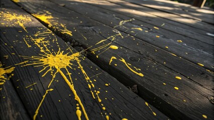 Aufkleber - Yellow paint splatters on a weathered wooden surface, a stark contrast of color and texture.