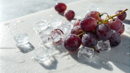 Poster - A Close-Up of Fresh Grapes Glistens with Moisture as They Rest on a Bed of Melting Ice Cubes