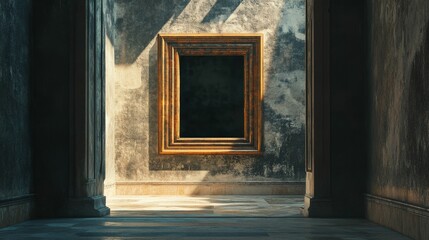 Wall Mural - Empty ornate frame on weathered wall, sunlit floor.