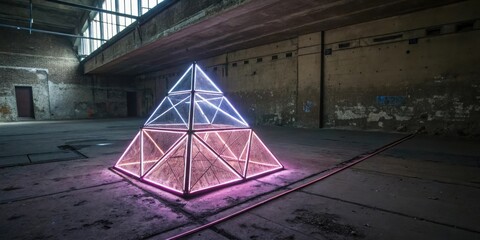 Fototapete - A luminous pyramid, constructed from a network of glowing lines, stands illuminated in the center of a vast, abandoned industrial space.